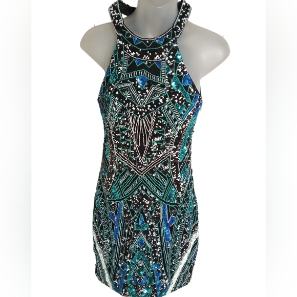 Parker Beaded Sequin Halter Mini Dress Teal Black Cocktail Party Size 4 - Picture 2 of 9